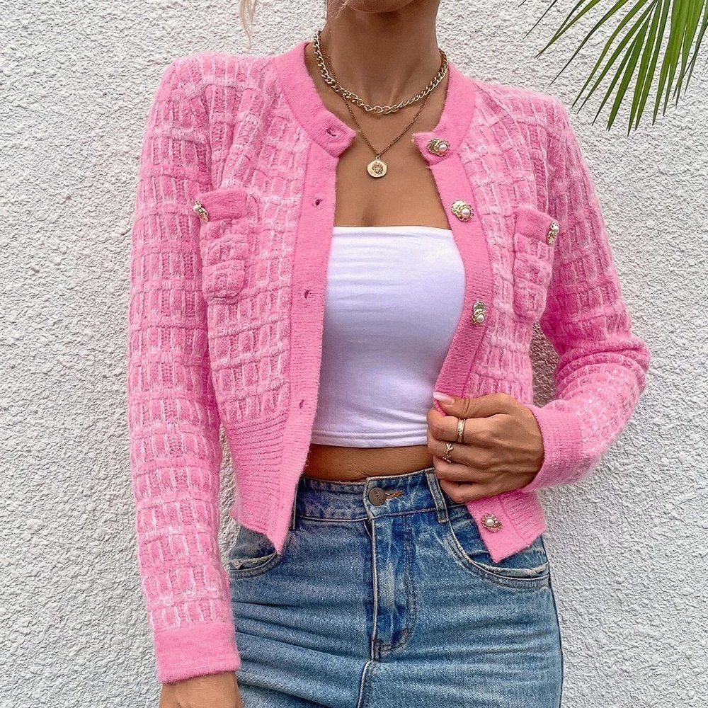 Pink Casual Womens Pocket Patched Button Front Cardigan - Picture 3 of 5